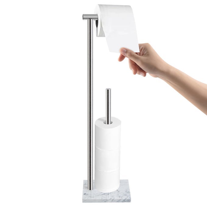 TOILET PAPER HOLDER STAND WITH WEIGHTED NATURAL MARBLE BASE BATHROOM FREE STANDING TOILET PAPER ROLL HOLDER WITH RESERVE STANDING TOILET TISSUE HOLDER WITH STORAGE BRUSHED NICKEL WITH STORAGE