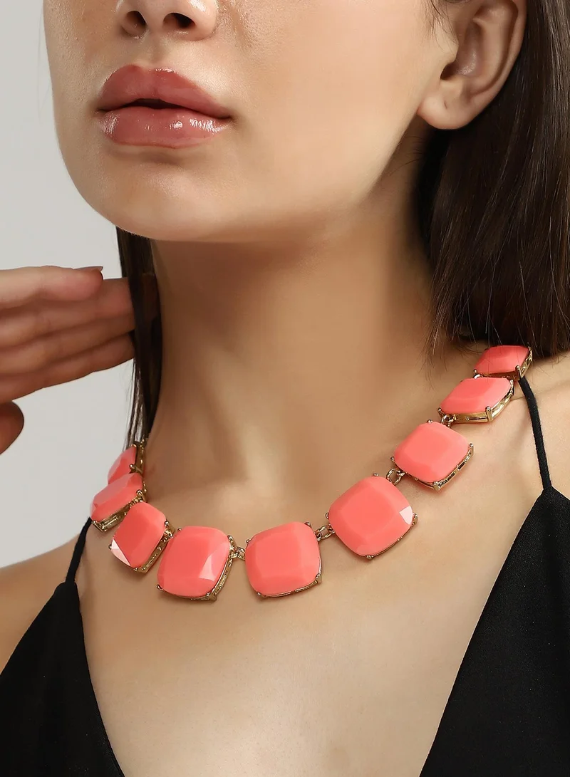 SOHI SOHI Women's The Quad-Stone Statement Necklace For Evening Wear | Salmon Pink Colour | Alloy Material | Lobster Clasp Closure | Artificial Stone Necklace | Statement Necklace For Women & Girls