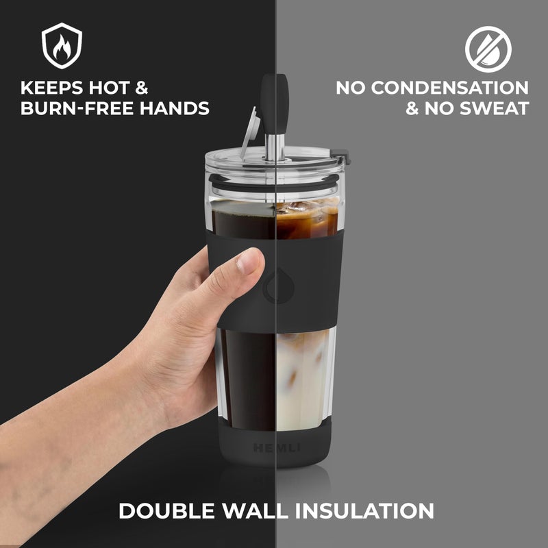 Hemli 19 oz. Double Wall Glass Coffee Tumbler, To Go Travel Mug with Lid, Portable Glass Thermos with Straw, Reusable Cup, Tea, Smoothies, Ice Coffee, and Boba - Image 4