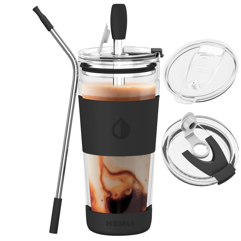 Hemli 19 oz. Double Wall Glass Coffee Tumbler, To Go Travel Mug with Lid, Portable Glass Thermos with Straw, Reusable Cup, Tea, Smoothies, Ice Coffee, and Boba - Image 1