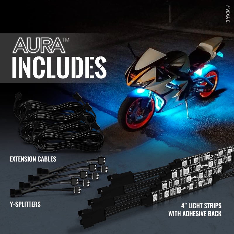 OPT7 4pc Aura LED Expansion Pack - 4" Single Row Light Strips with Splitters and Extensions for Motorcycle, Cruiser, Golf Cart, ATV Lighting Kit - Image 5