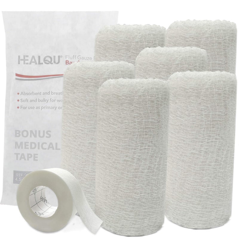 HEALQU Kerlix Gauze Bandage Rolls - 4 1/2 in x 4.1 Yds, 6 Ply - 6 Single Sterile Pocuhes- Extra Absorbency - Latex Free, Hospital Grade Cotton Fluff Bandage Wrap Krinkle Style - for Wound Care & First Aid - Image 1