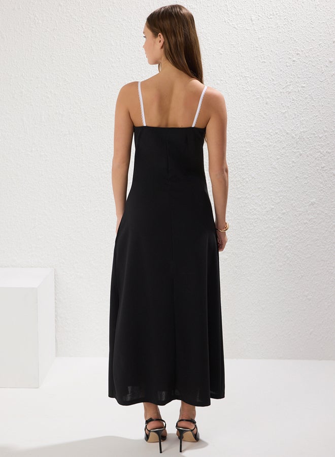 trendyol Black Color Block Accessory Detailed Maxi Crepe Knitted Dress - Image 4