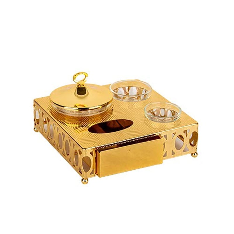 Soleter 4-Piece Hospitality Serving Set Gold - Elegant Rectangular Tray with Tissue Box Holder, 1 Covered Glass Bowl & 2 Small Glass Bowls, Premium Home Decor for Arabic Coffee, Dates, Entertaining, Weddings & Special Occasions - Image 4