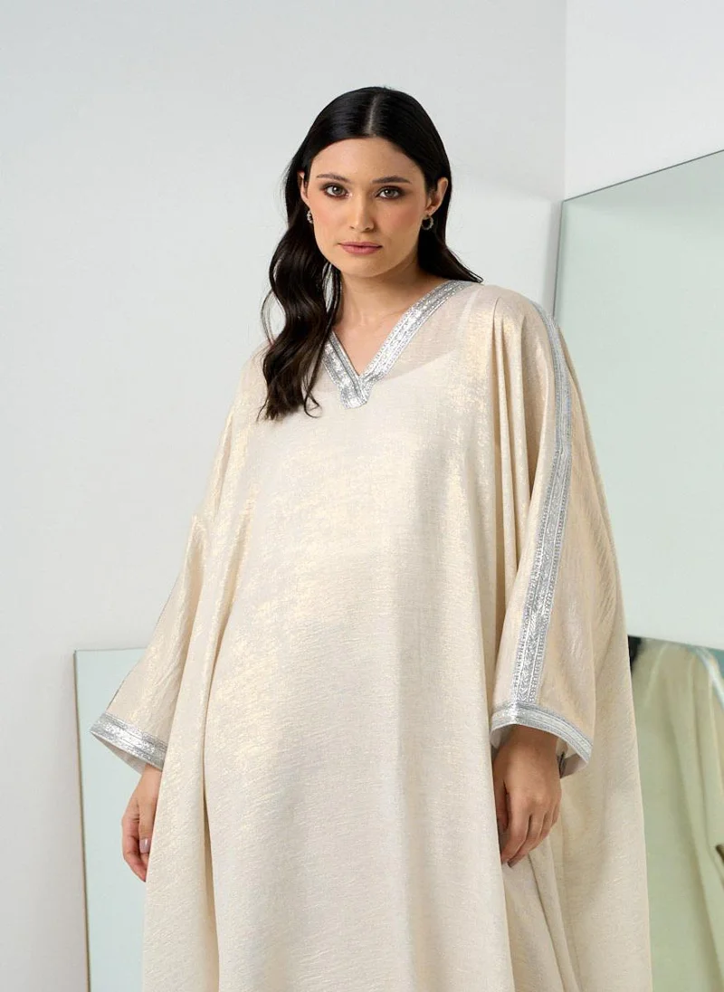Couturelabs Ivory Silver V-Neck Kaftan with Lace Detailing
