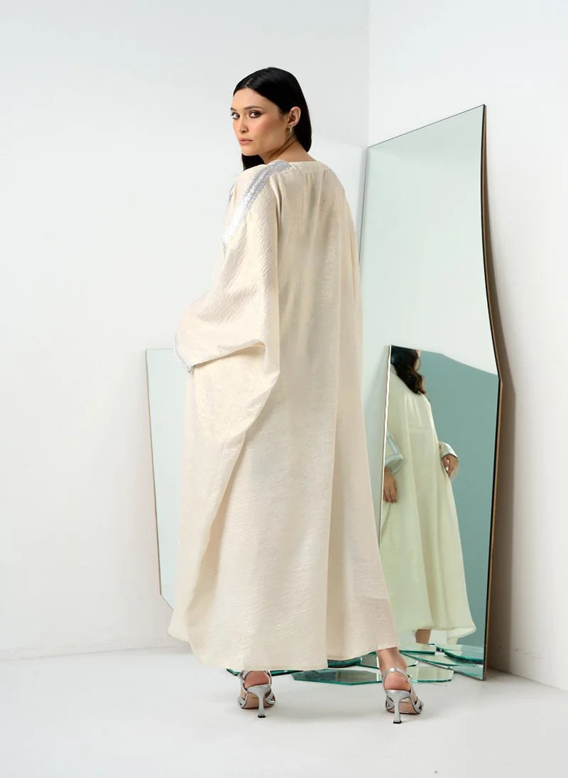 Couturelabs Ivory Silver V-Neck Kaftan with Lace Detailing