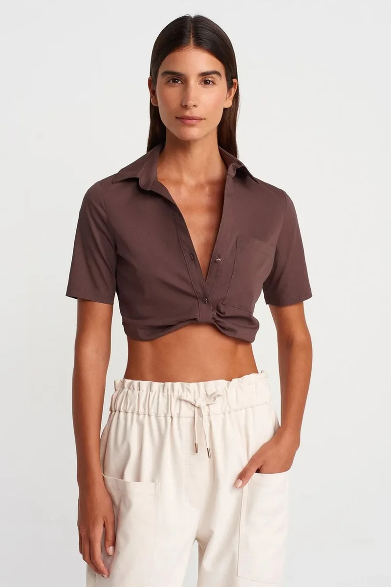 Dilvin Dark Mocha Brown DILVIN Women's Cropped Poplin Shirt for Women | Best Price UAE