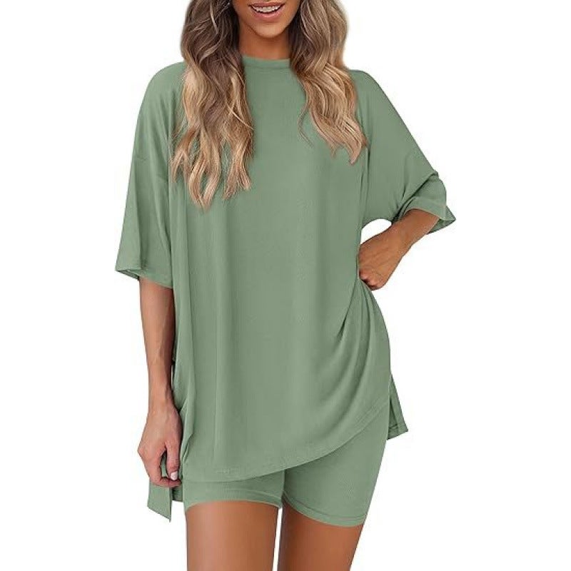 2025 spring and summer Europe and the United States cross-border Amazon new loose fashion solid color casual short sleeve shorts two-piece suit Light green 