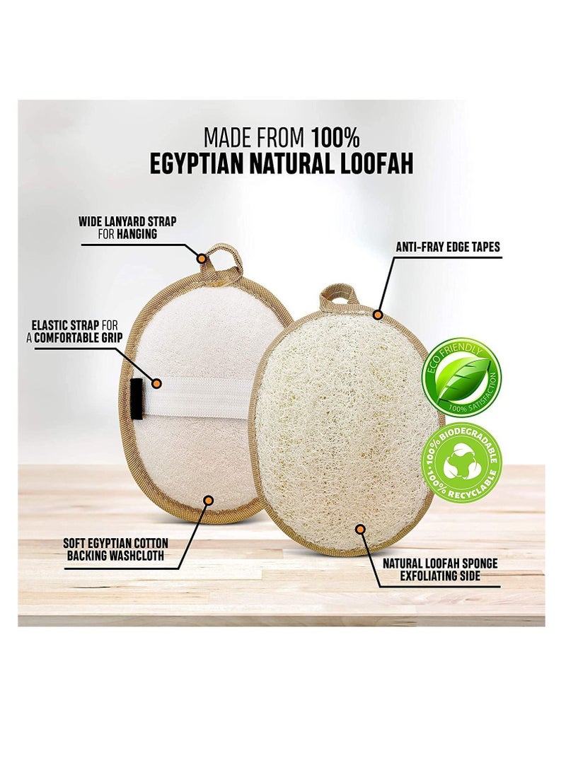 NIBEMINENT - Natural Loofah Exfoliating Body Scrubber 3-Pack – Shower Sponges for Men and Women Eco-Friendly Oval Bath Exfoliators with Palm Straps, Cotton Backing Pads Linen Carry Bag - Image 1