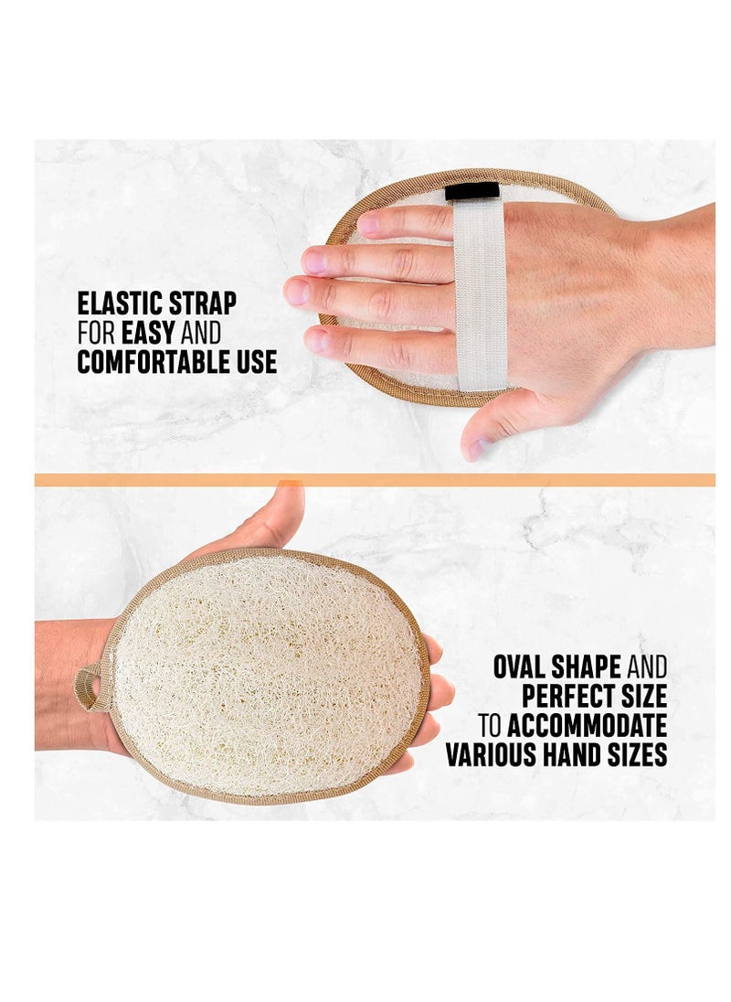 NIBEMINENT - Natural Loofah Exfoliating Body Scrubber 3-Pack – Shower Sponges for Men and Women Eco-Friendly Oval Bath Exfoliators with Palm Straps, Cotton Backing Pads Linen Carry Bag - Image 1