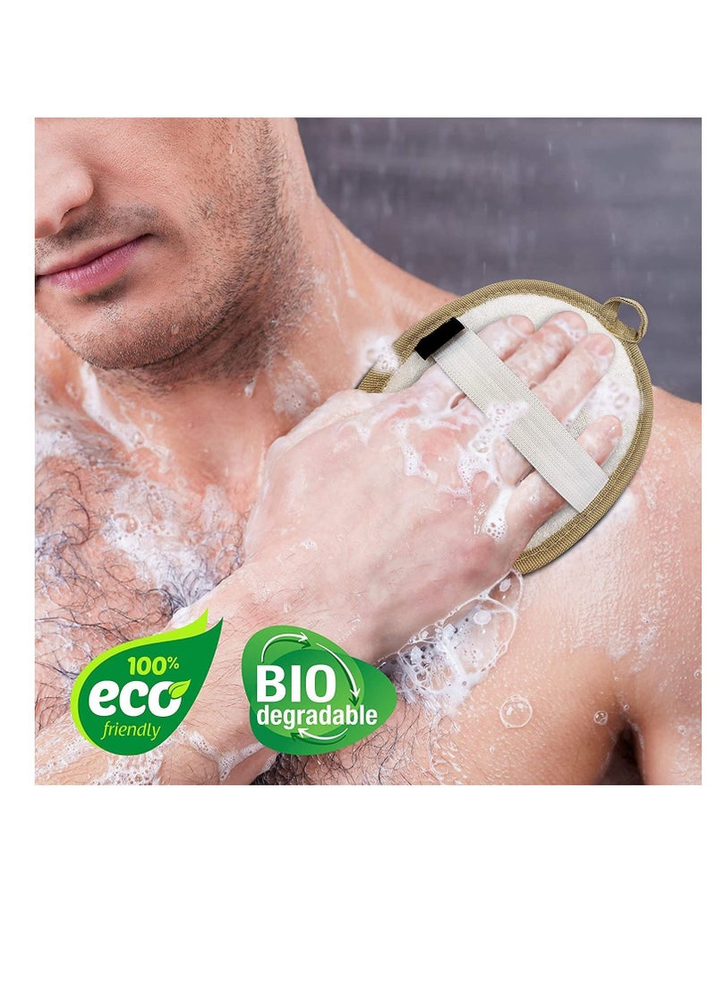 NIBEMINENT - Natural Loofah Exfoliating Body Scrubber 3-Pack – Shower Sponges for Men and Women Eco-Friendly Oval Bath Exfoliators with Palm Straps, Cotton Backing Pads Linen Carry Bag - Image 1