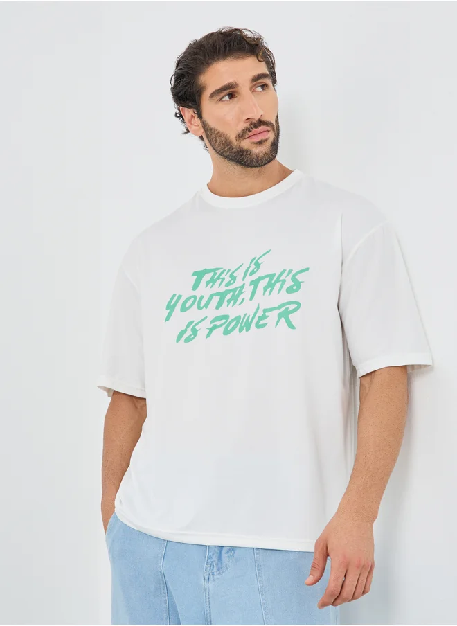 ستايلي Styli Slogan Print Round Neck Oversized T-Shirt