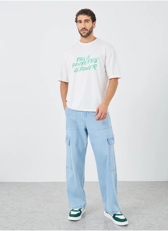 ستايلي Styli Slogan Print Round Neck Oversized T-Shirt