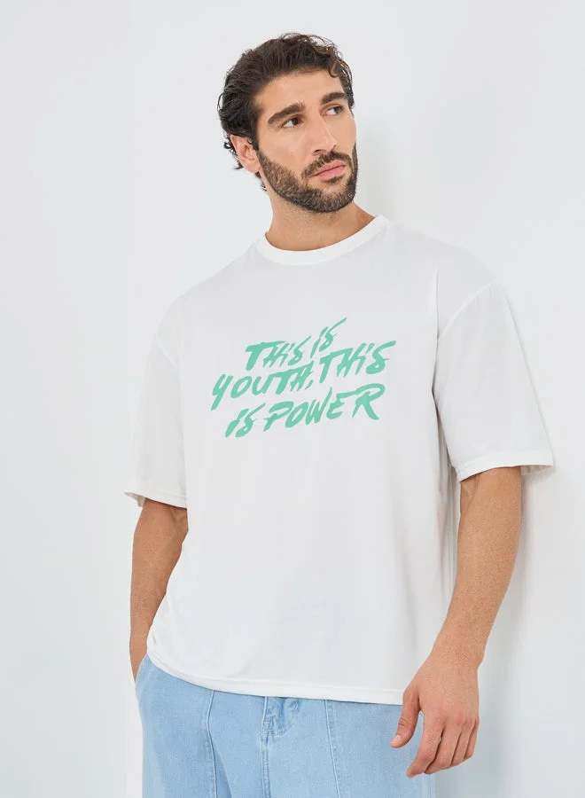Styli Slogan Print Round Neck Oversized T-Shirt