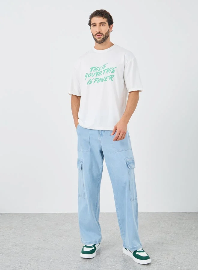Styli Slogan Print Round Neck Oversized T-Shirt