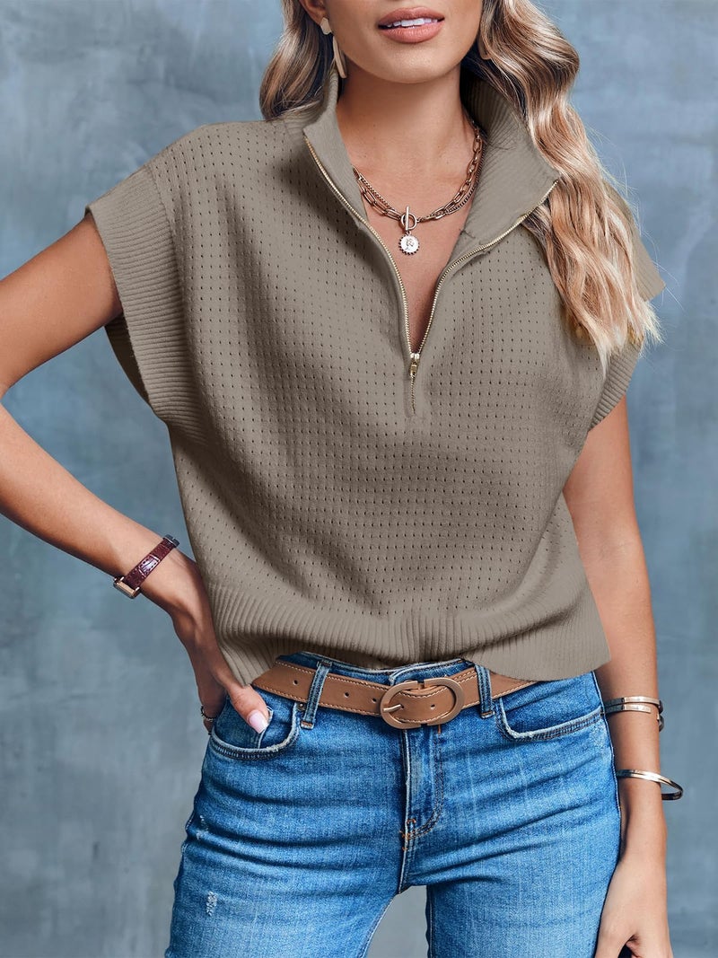 Langwyqu Womens Short Sleeve Cropped Knit Tops Half Zip Cap Sleeve Lightweight Oversized Sweater Vest Khaki - Image 2