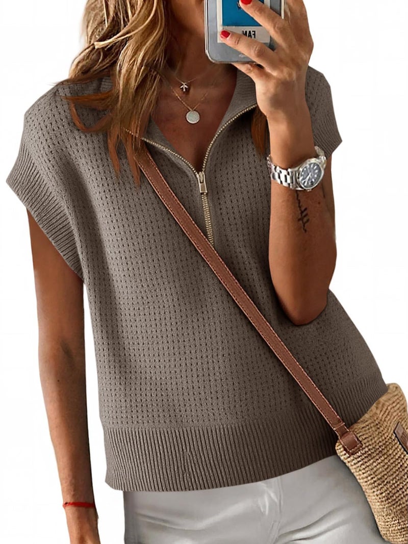 Langwyqu Womens Short Sleeve Cropped Knit Tops Half Zip Cap Sleeve Lightweight Oversized Sweater Vest Khaki - Image 1