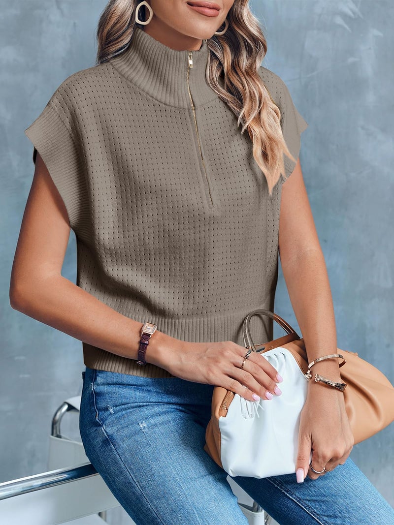 Langwyqu Womens Short Sleeve Cropped Knit Tops Half Zip Cap Sleeve Lightweight Oversized Sweater Vest Khaki - Image 3