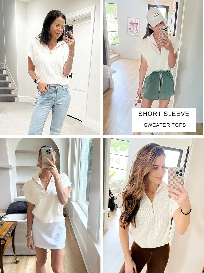 Langwyqu Womens Short Sleeve Cropped Knit Tops Half Zip Cap Sleeve Lightweight Oversized Sweater Vest Khaki - Image 4