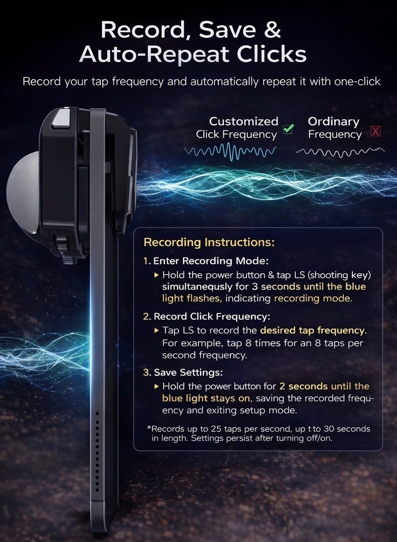 ميمو شفتات ليزر أوتوماتيكية للآيباد من ميمو، سرعة استجابة فائقة، وضع إطلاق متكرر عالي التردد، أزرار معدنية متينة، 80 امبير بطارية طويلة الامد، متوافقة مع أجهزة الآيباد والأجهزة اللوحية، مثالية لألعاب مثل ببجي موبايل وكول أوف ديوتي موبايل. - Image 3