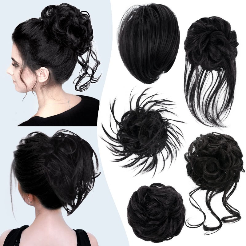 HMD 5 Pieces Messy Hair Bun Hairpiece Tousled Updo for Women Hair Extension Ponytail Scrunchies with Elastic Rubber Band Long Updo Messy Hairpiece Hair Accessories Set for Women 1B