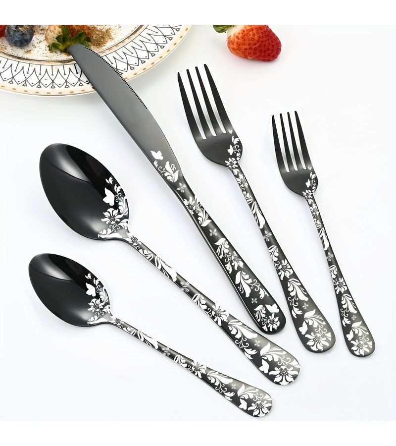 30 Pieces Black Stainless Steel Tableware Set Including Knife Fork Spoon Christmas Pattern Family And Restaurant - Image 3