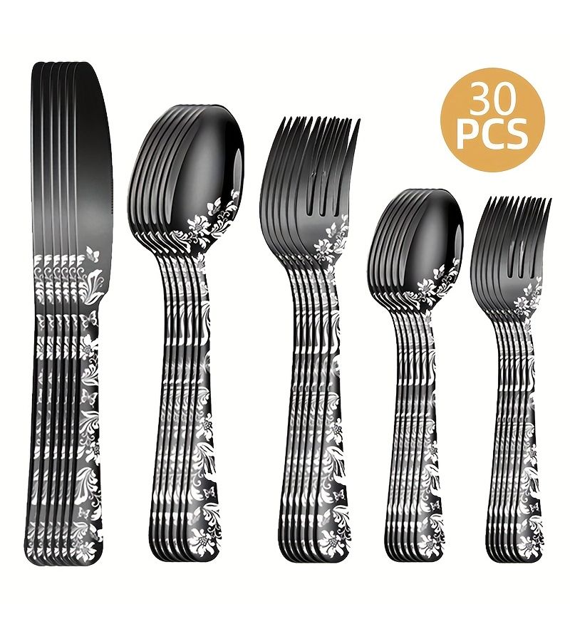 30 Pieces Black Stainless Steel Tableware Set Including Knife Fork Spoon Christmas Pattern Family And Restaurant - Image 1