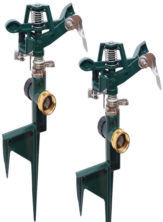 Biswing 2 Pack Impact Sprinkler Head on Metal Step Spike, Heavy Duty Zinc Alloy Lawn Sprinkler, Adjustable Coverage Nozzle on Sturdy Spike Base, 360 Degree Large Area Irrigation, Green - Image 1