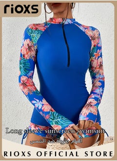 RIOXS Women's Two Piece Rash Guard Long Sleeve Swimwear Bathing Suit Tropical Print Swim Shirt Boyshort Set  - Image 4