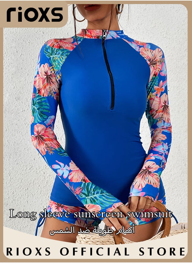 RIOXS - Women's Two Piece Rash Guard Long Sleeve Swimwear Bathing Suit Tropical Print Swim Shirt Boyshort Set - Image 1