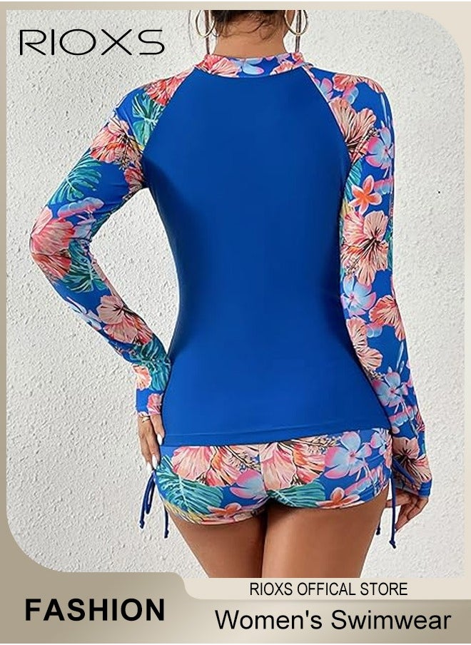 RIOXS - Women's Two Piece Rash Guard Long Sleeve Swimwear Bathing Suit Tropical Print Swim Shirt Boyshort Set - Image 1