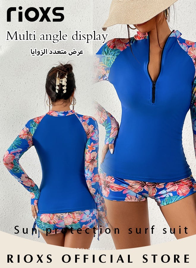 RIOXS 2PCS Rash Guard Long Swimsuit for Women, UV Block Zip Up Swimming Costume Set, Breathable Quick-dry Floral Print Bathing Suit Swimwear, Stretch UV Block Swim Shirt and Shorts, Suitable for Surfing, Diving, Swimming or Beach Activities - Image 5