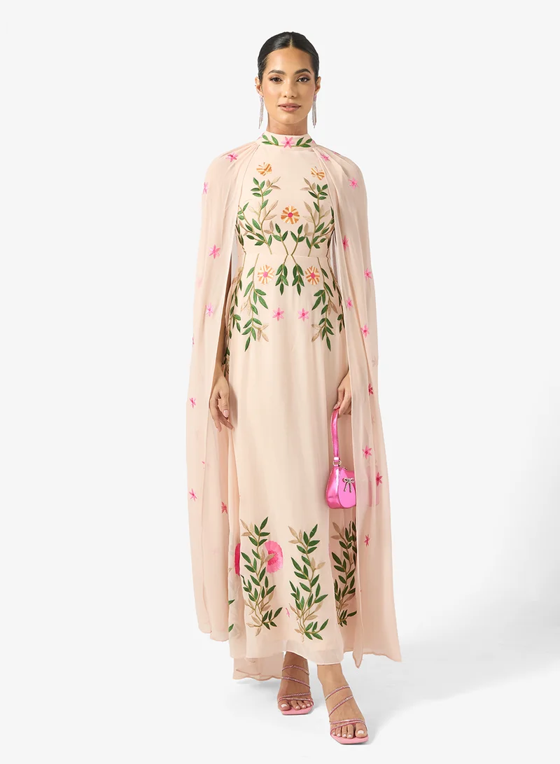 Frock and Frill Cape Sleeve Frill Detailed Embroidered Maxi Dress