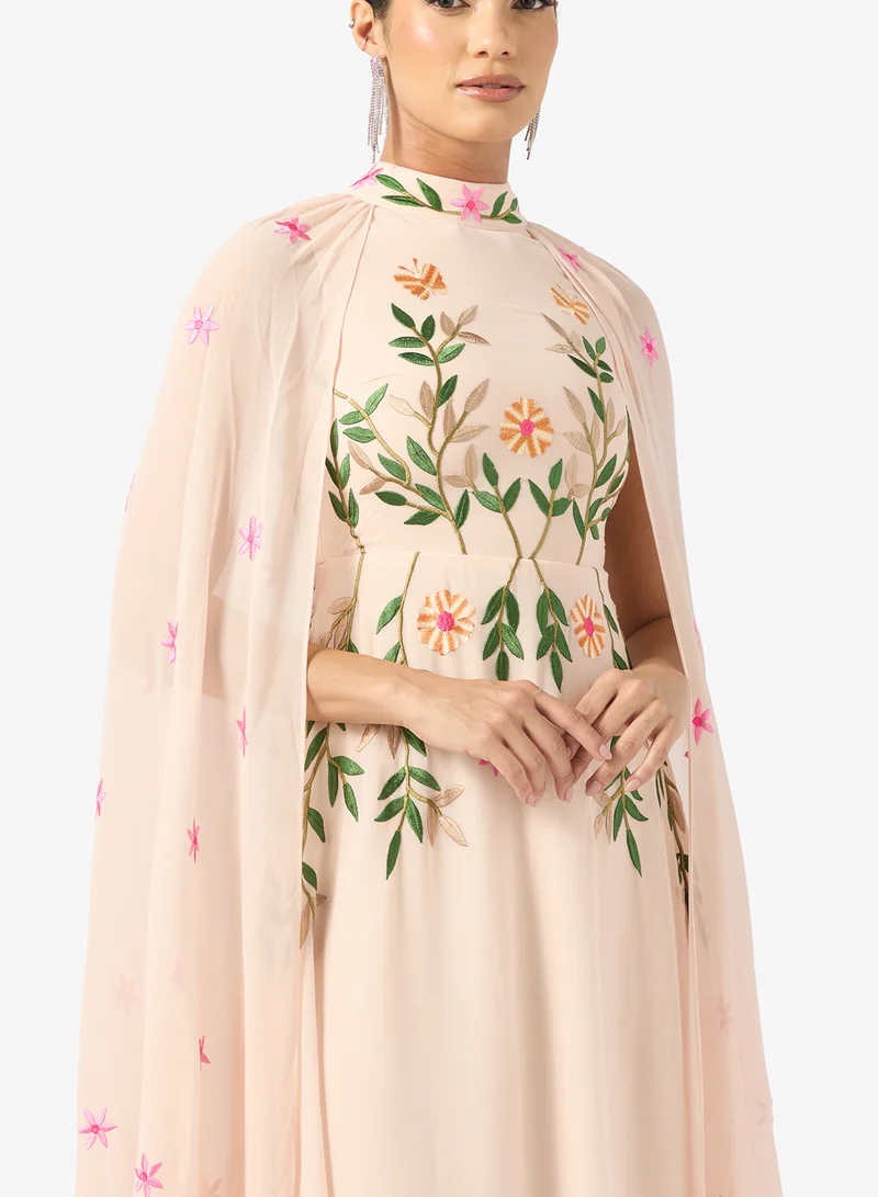 Frock and Frill Cape Sleeve Frill Detailed Embroidered Maxi Dress