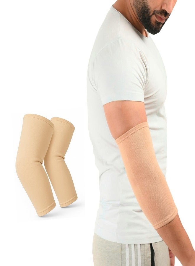 K SQUARIANS Elbow Support Neoprene For Pain Relief | Compression Sleeves Gym Badminton Cricket Sports | Men & Women | Beige | Pack of 2 | Medium - Image 1