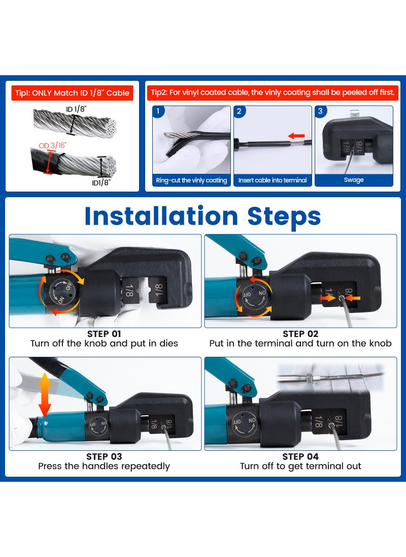 Muzata Muzata Custom Cable Railing Crimping Tool Hydraulic Crimper Hydraulic Crimping Tool for 1/8" Stainless Steel Cable Railing Kit Wire Rope Swaging Kit with Spare Dies CR09  - Image 5