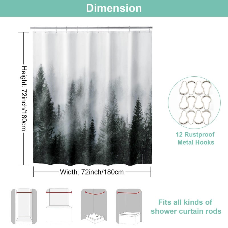 ORTIGIA Dark Green Misty Forest Shower Curtain for Bathroom, Nature Woodland Shower Curtain Set with Hooks, Decorative Pine Tree Fog Magic Bath Curtain for Home, Waterproof Fabric, Weighted, 72x72 - Image 2
