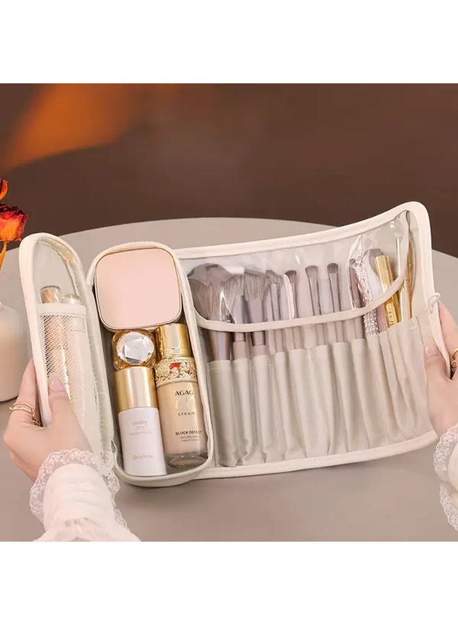 حقيبة مستحضرات التجميل البنية المحمولة من البولي يوريثان، حقيبة مستحضرات تجميل سهلة السفر لفرش المكياج - Image 1