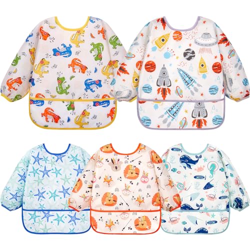 Lictin Long Sleeve Bibs 5 Pack - Baby Bibs for Boy, Waterproof Toddler Bibs, 0-24 Months Neutral Baby Smock for Eating, Reusable Infant Baby Bibs for Feeding Teething or Weaning - Image 1
