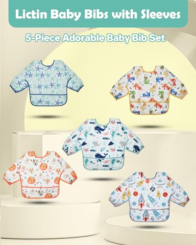 Lictin Long Sleeve Bibs 5 Pack - Baby Bibs for Boy, Waterproof Toddler Bibs, 0-24 Months Neutral Baby Smock for Eating, Reusable Infant Baby Bibs for Feeding Teething or Weaning - Image 2