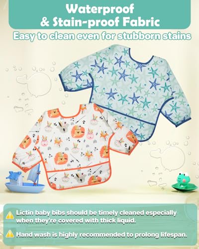Lictin Long Sleeve Bibs 5 Pack - Baby Bibs for Boy, Waterproof Toddler Bibs, 0-24 Months Neutral Baby Smock for Eating, Reusable Infant Baby Bibs for Feeding Teething or Weaning - Image 4