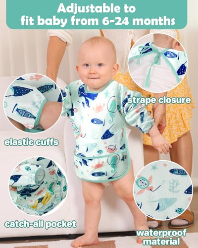 Lictin Long Sleeve Bibs 5 Pack - Baby Bibs for Boy, Waterproof Toddler Bibs, 0-24 Months Neutral Baby Smock for Eating, Reusable Infant Baby Bibs for Feeding Teething or Weaning - Image 5