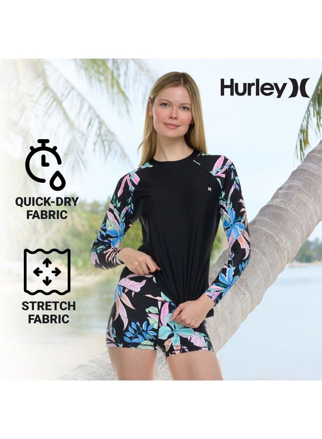 Hurley Womens Two Piece Rash Guard & Swim Shorts, Long Sleeve Swim Shirt, Quick Dry Swimsuits UPF 50+ SPF Sun & UV Protection, Black Multi, XL - Image 5