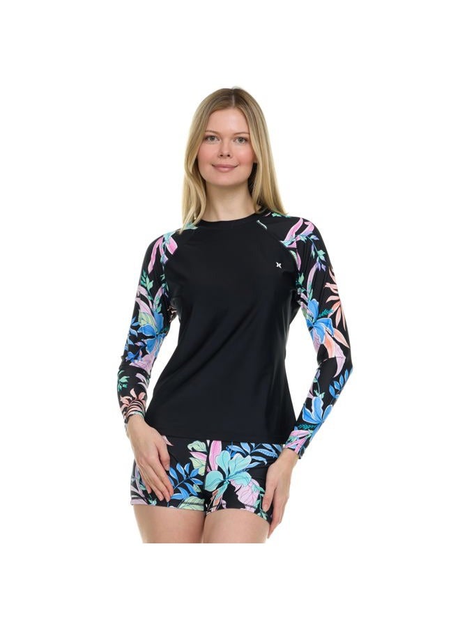 Hurley Womens Two Piece Rash Guard & Swim Shorts, Long Sleeve Swim Shirt, Quick Dry Swimsuits UPF 50+ SPF Sun & UV Protection, Black Multi, XL - Image 2