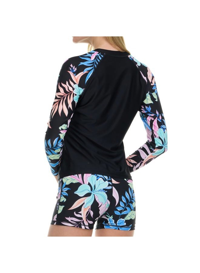 Hurley Womens Two Piece Rash Guard & Swim Shorts, Long Sleeve Swim Shirt, Quick Dry Swimsuits UPF 50+ SPF Sun & UV Protection, Black Multi, XL - Image 4