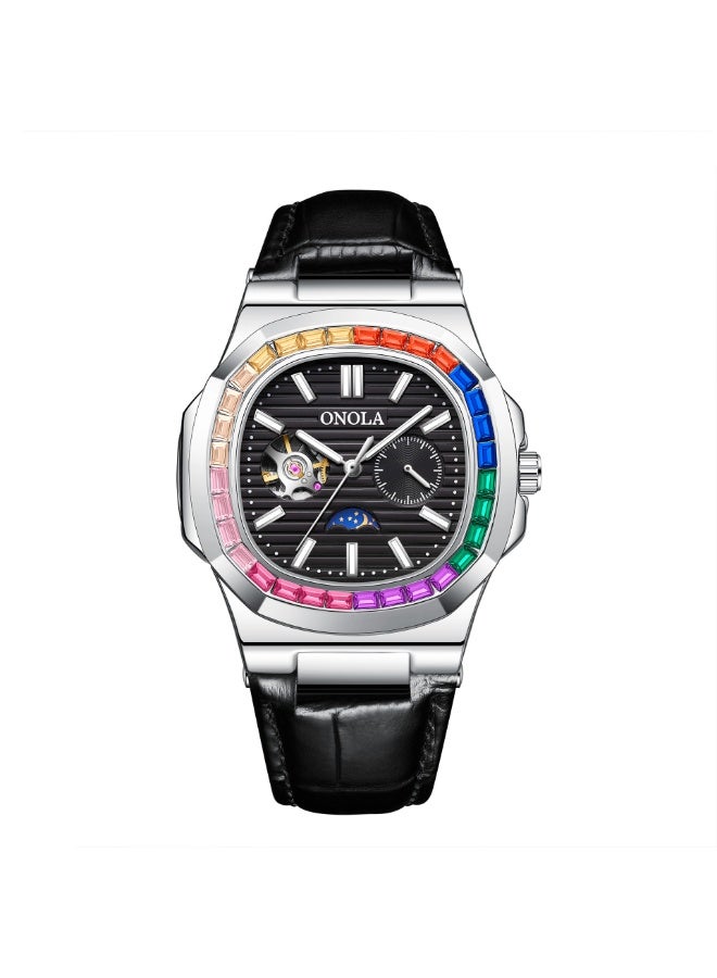 أونولا ساعة ميكانيكية مقاومة للماء بسوار جلدي من الألماس بألوان قوس قزح وشمس وقمر ونجمة وصباح
