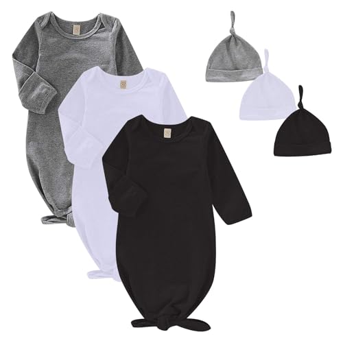OPAWO Unisex Newborn Baby 3-Pack Cotton Knotted Gowns with Mitten Cuffs and Matching Hat for Boys Girls(Black,White,Gray/0-6 Months) - Image 1