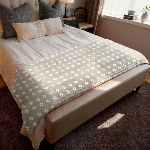 SHSYCER Cozy Lightweight Muslin 100% Cotton Blanket for Bed, Couch & Sofa, Summer Bedding Coverlet with Pattern,Camel, Queen 78''x90'' - Image 1