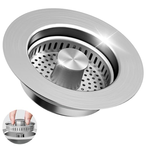 GGV 3 in 1 Kitchen Sink Drain Strainer Sink Stopper 304 Stainless Steel Pop Up Sink Drain Stopper with AntiClogging Basket for US Standard Silver - Image 1