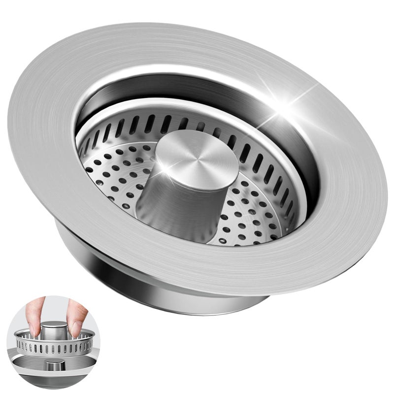 GGV 3 in 1 Kitchen Sink Drain Strainer Sink Stopper 304 Stainless Steel Pop Up Sink Drain Stopper with AntiClogging Basket for US Standard Silver - Image 2